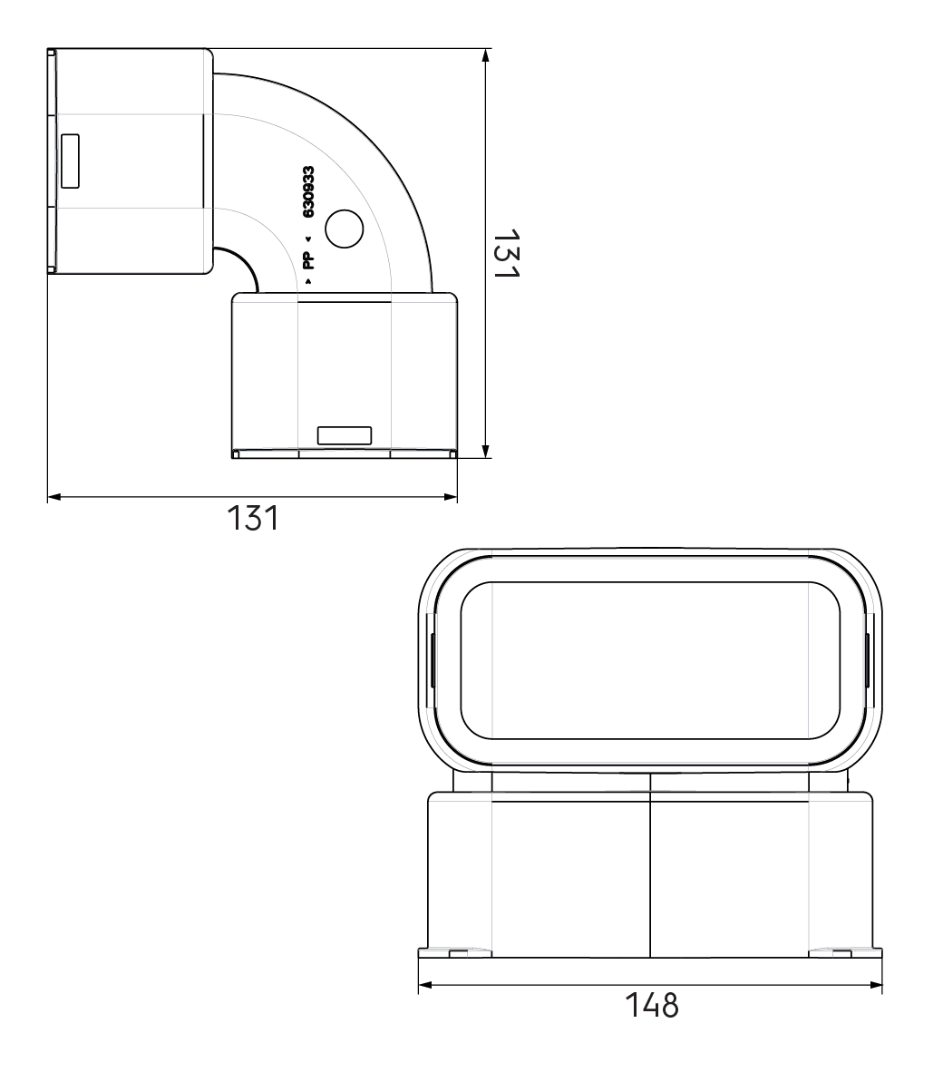 Maattekening - AE55sc Bocht 90° verticaal