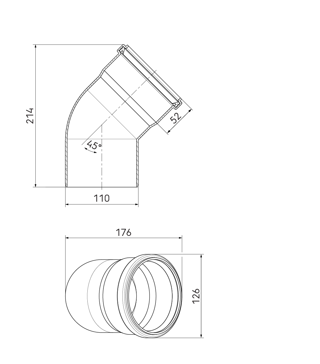 Dimensional drawing - Bend 45° 110mm PP Translucent