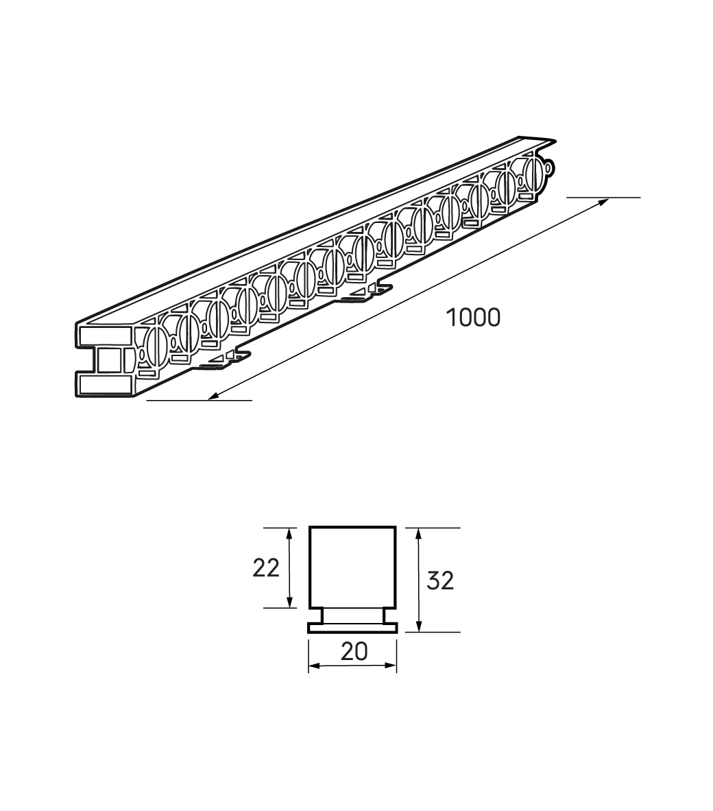 Dimensional drawing - Eaves Ventilation A-U 20 without Comb 