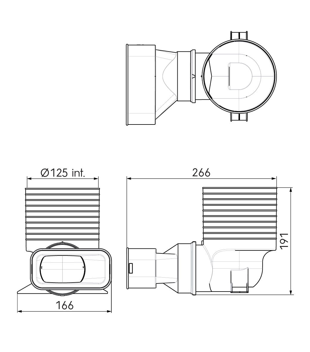 Dimensional drawing – 1x AE55SC Valve Adaptor 125mm 90°