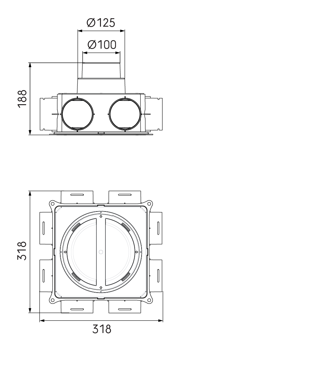 Dimensional drawing – DBOX 208 with stepped mass flow adaptor 100–125 mm
