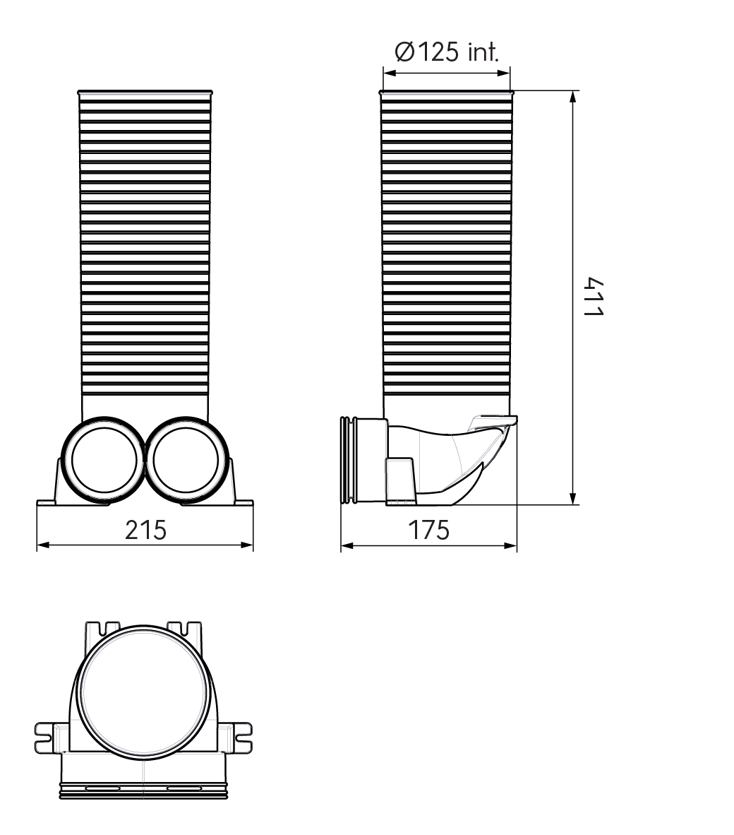 Dimensional drawing – 2x AE34C Valve Adaptor 125mm 90°