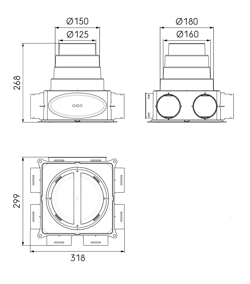 Dimensional drawing – DBOX 206 with stepped mass flow adaptor 125–180 mm