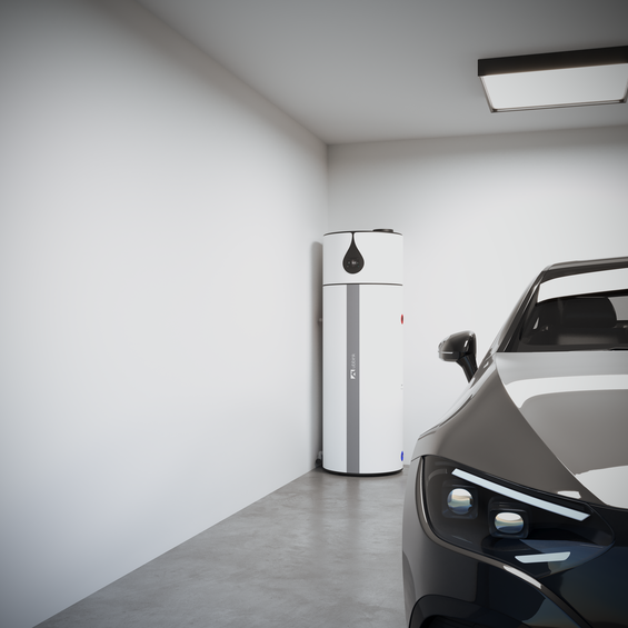 Caelio DHW HP enamelled steel white in garage