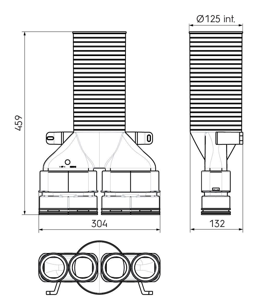 Dimensional drawing – 4x AE23C Valve Adaptor 125mm 180°