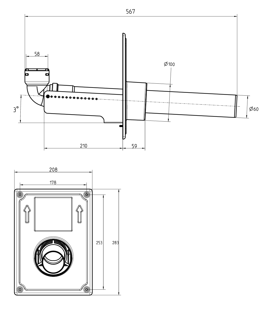 Dimensional drawing – Rolux Flex 60 Shaft Connection 60/100 PP