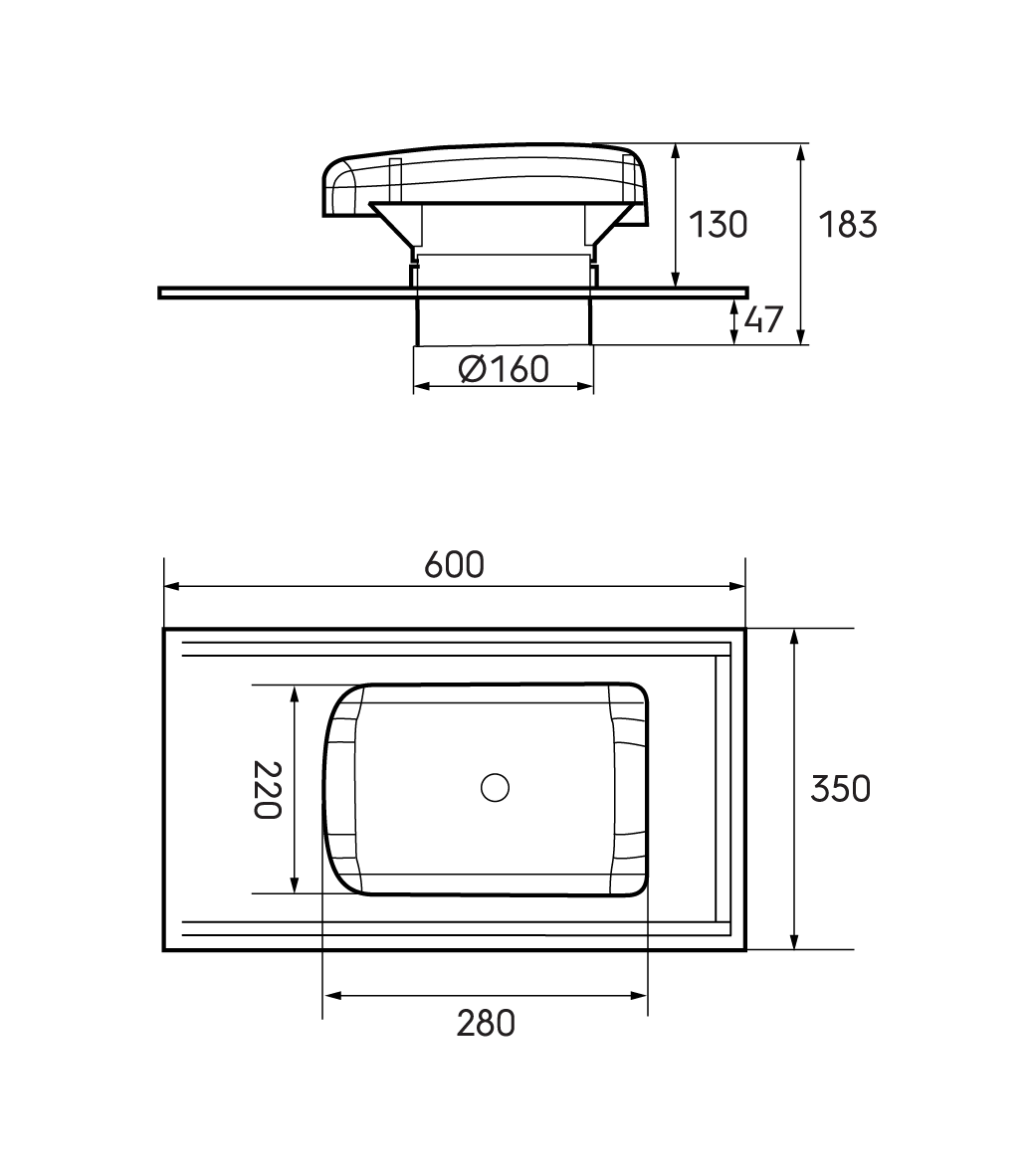 Schéma - Sortie de toit VMC Ubiflu 2 diamètre 160mm