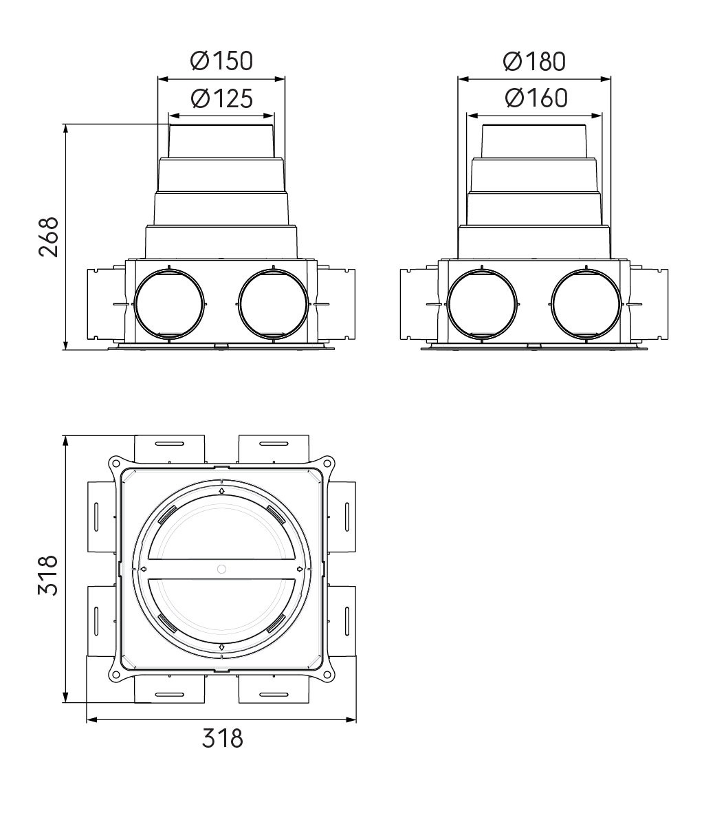 Dimensional drawing – DBOX 208 with stepped mass flow adaptor 125–180 mm