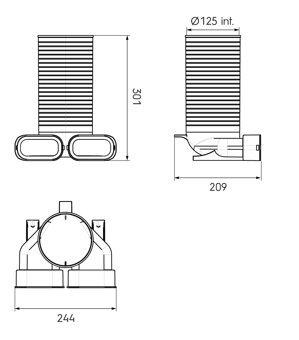 Dimensional drawing – 2x AE35SC Valve Adaptor 125mm 90°