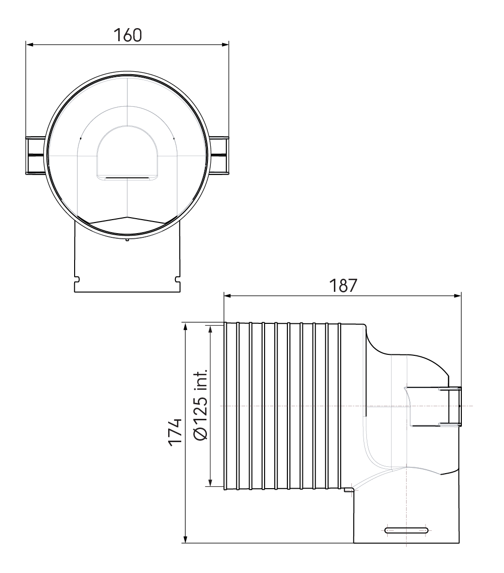 Dimensional drawing – 1x AE34C Valve Adaptor 125mm 90°