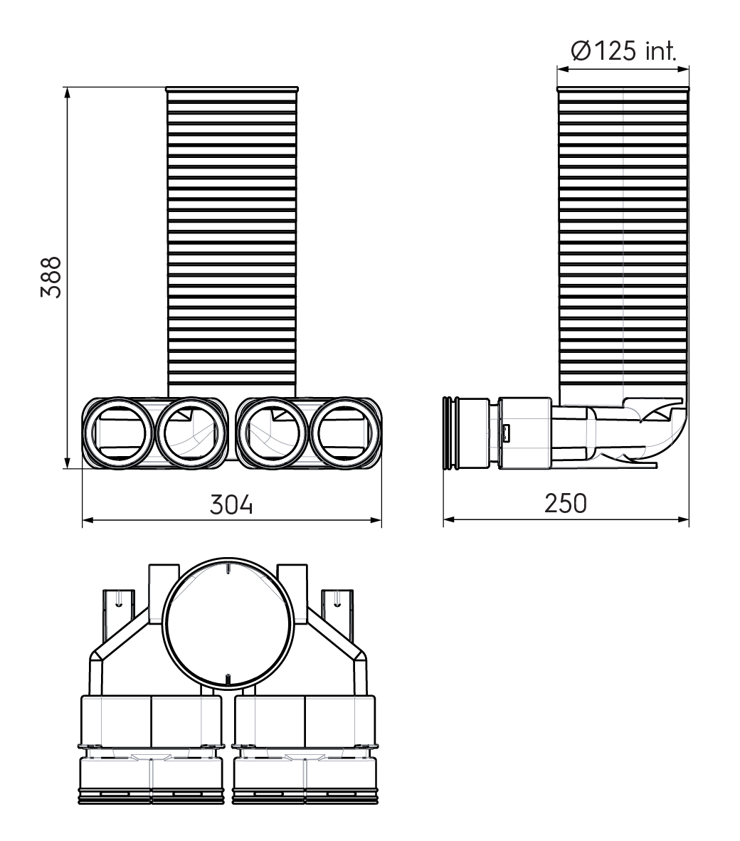 Dimensional drawing – 4x AE23C Valve Adaptor 125mm 90°