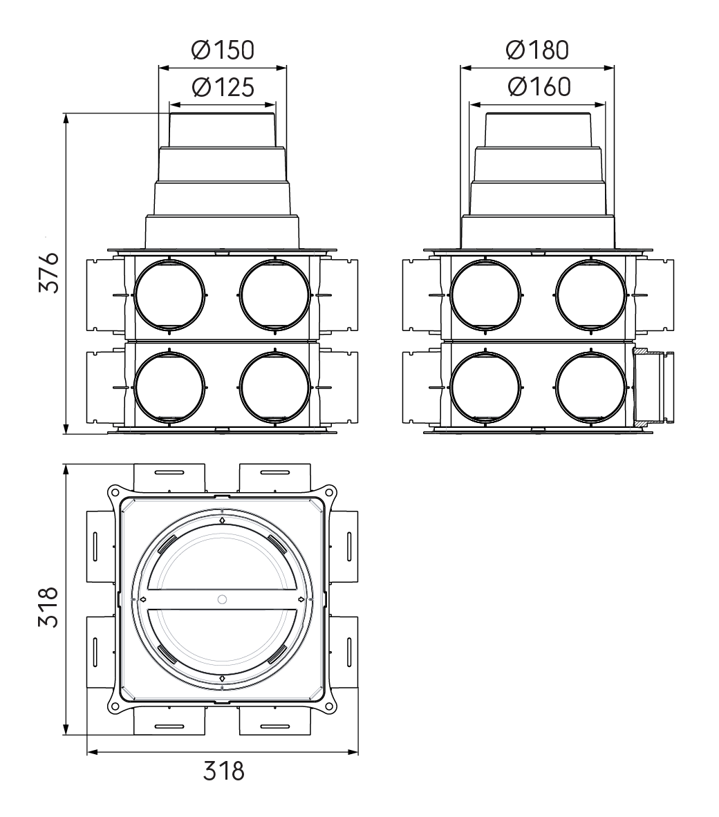 Dimensional drawing – DBOX 216 vertical extended, with stepped mass flow adaptor 125–180 mm