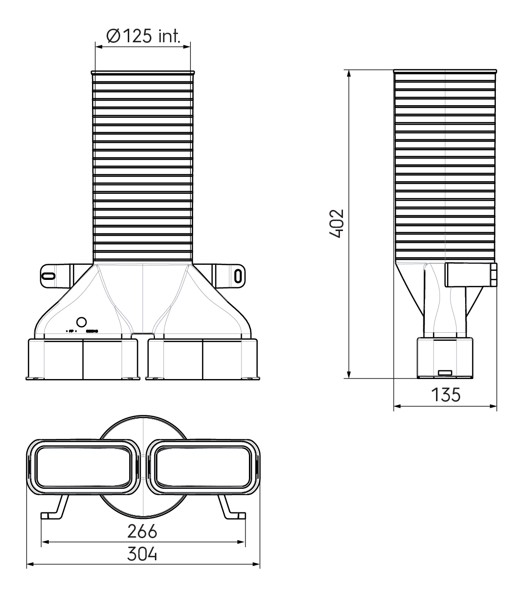 Dimensional drawing – 2x AE55SC Valve Adaptor 125mm 180°