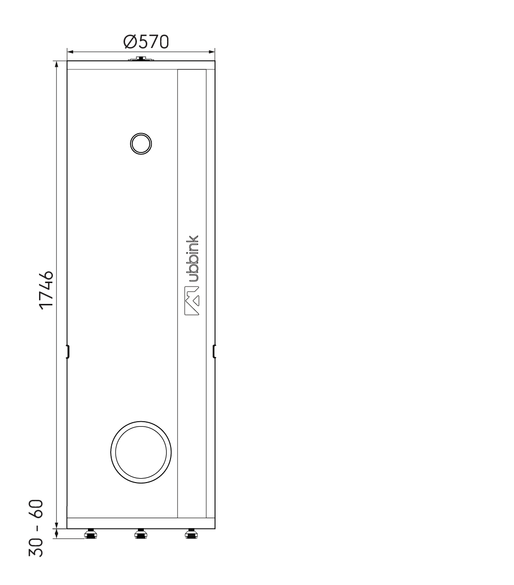Dimensional drawing – Caelio SR 200 HP domestic hot water cylinder 570 x 1746mm enamelled steel white