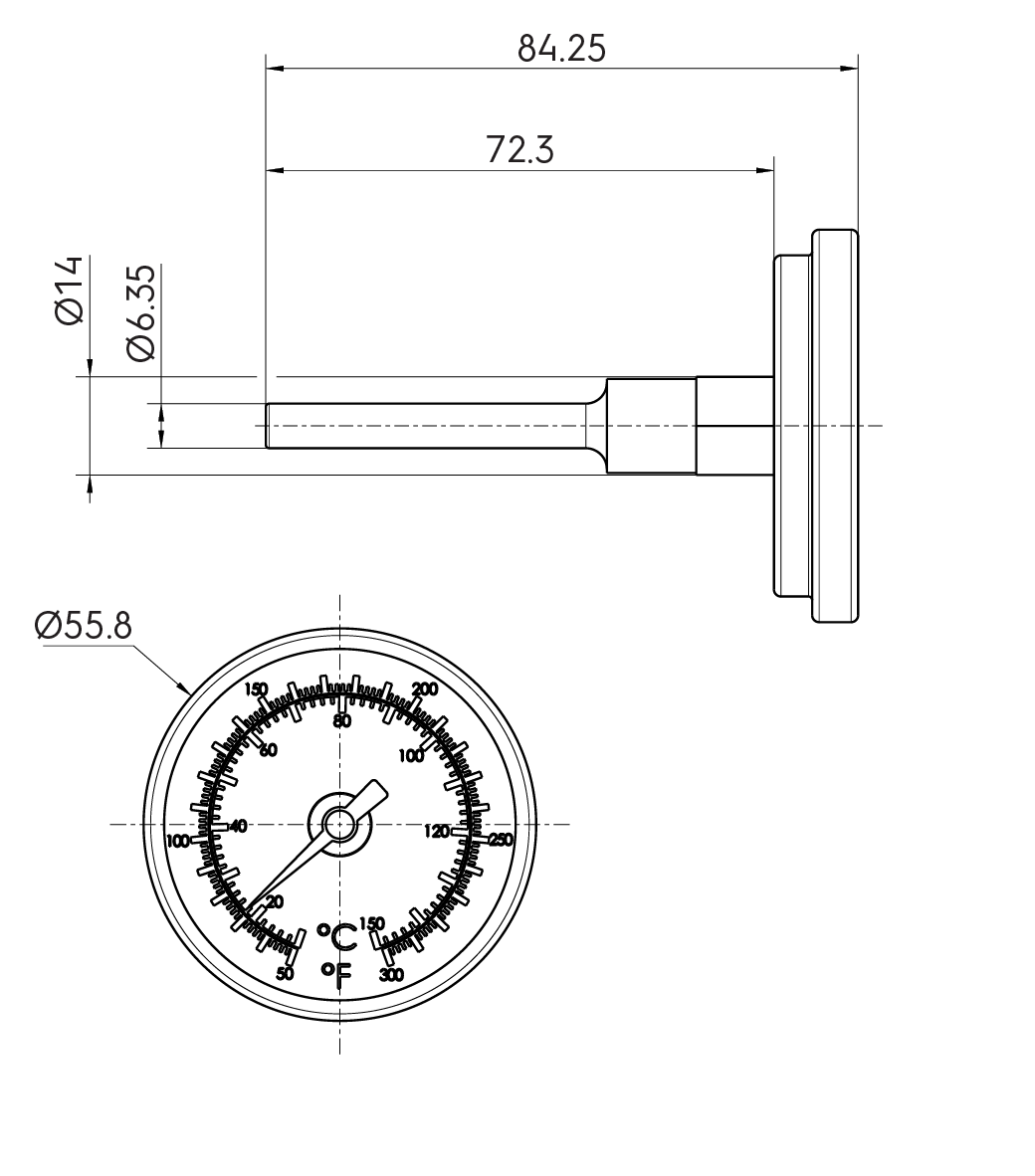 Dimensional drawing - Caelio SR HP thermometer