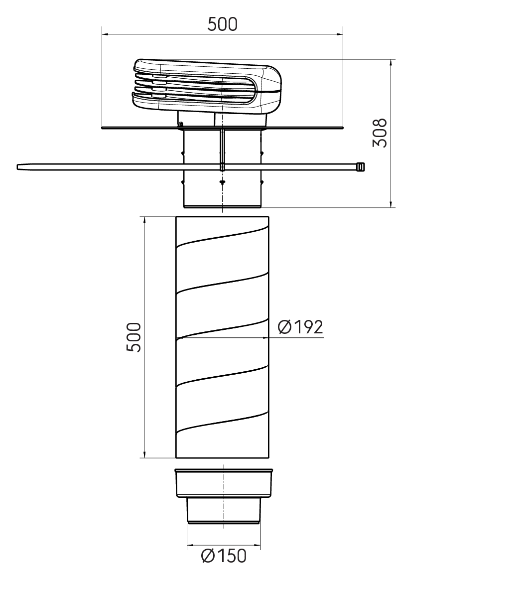 Dimensional drawing - Valetis Roof Terminal Insulated 160-150 Pitched Roof