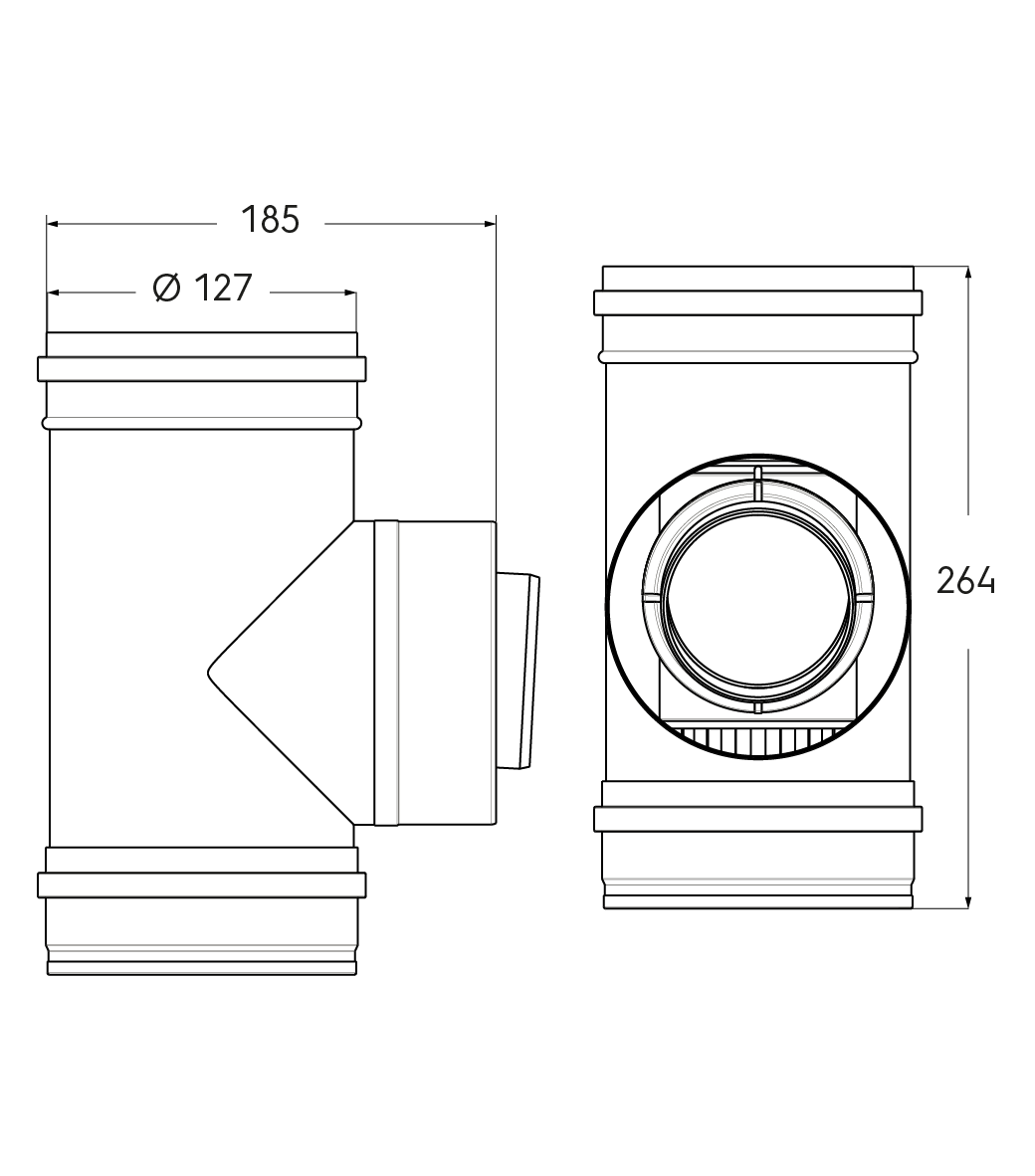 Schéma technique - Té 80/125 87° PPTL/inox