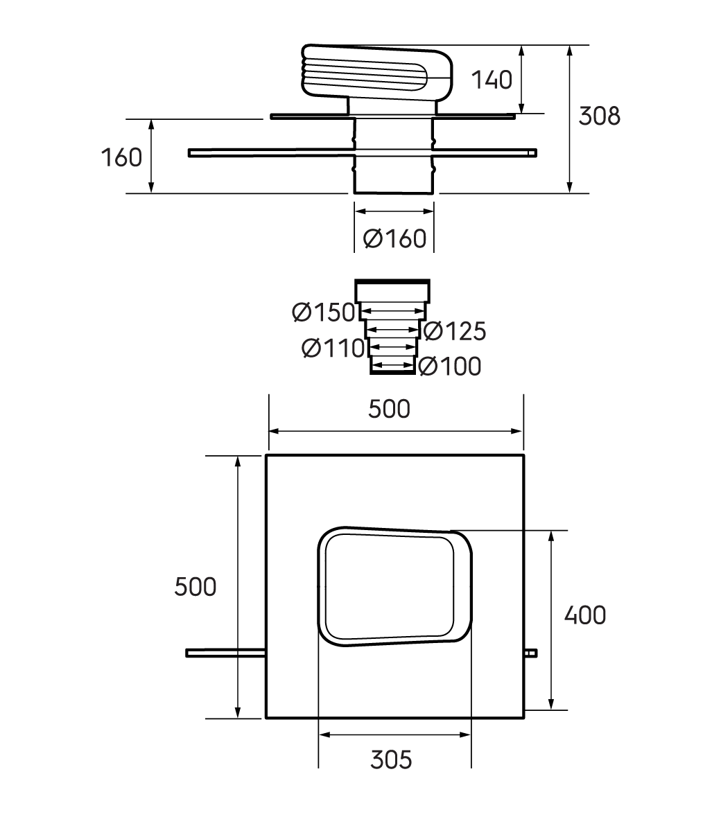 Dimensional drawing - Valetis Roof Terminal 160 500x500 + adaptor