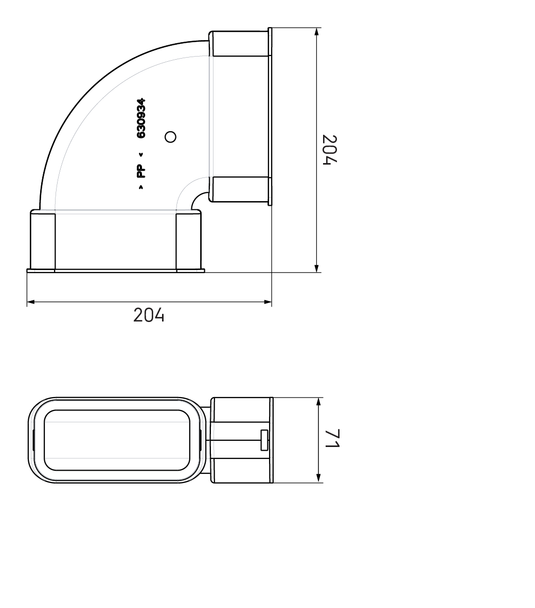 Dimensional drawing – AE55SC Horizontal Bend 90°