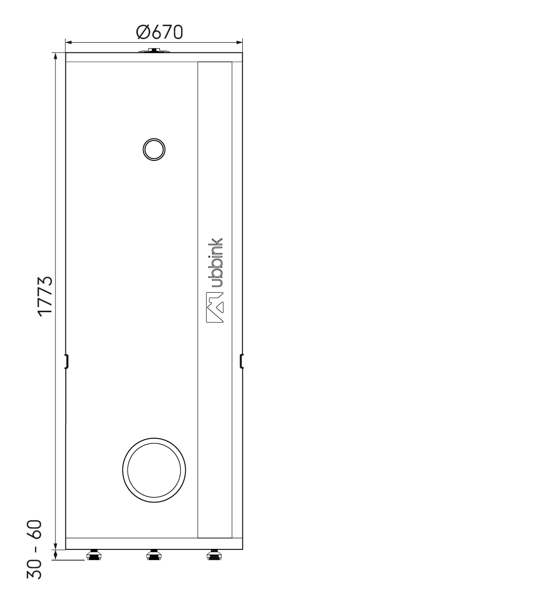 Dimensional drawing – Caelio SR 300 HP domestic hot water cylinder 670 x 1773mm enamelled steel white