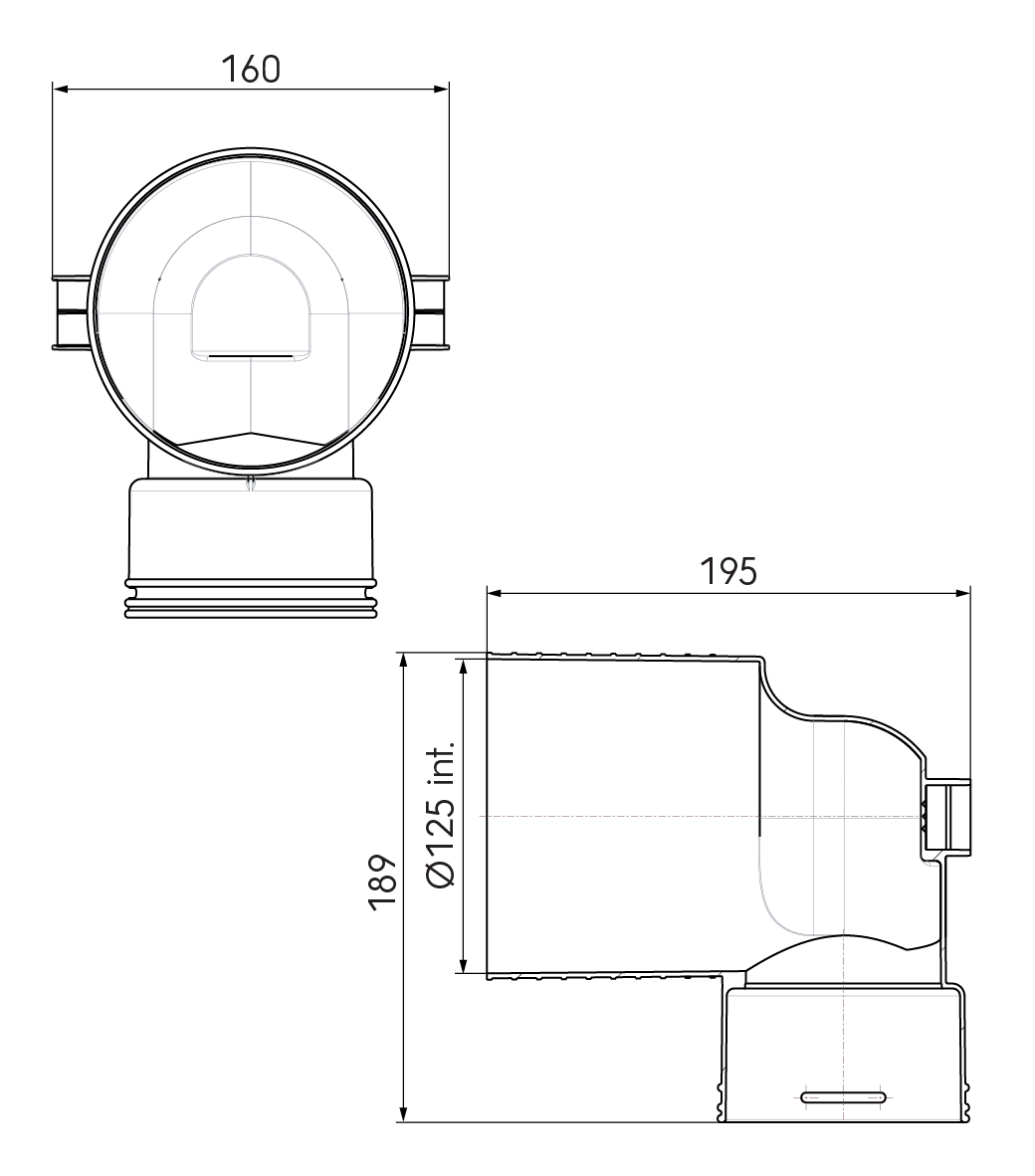 Dimensional drawing – 1x AE48C Valve Adaptor 125mm 90°