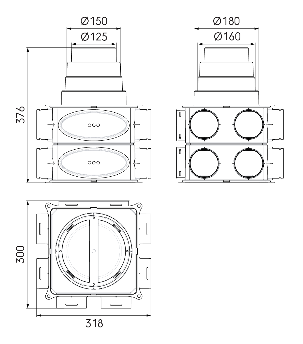 Dimensional drawing – DBOX 212 vertical extended, with stepped mass flow adaptor 125–180 mm