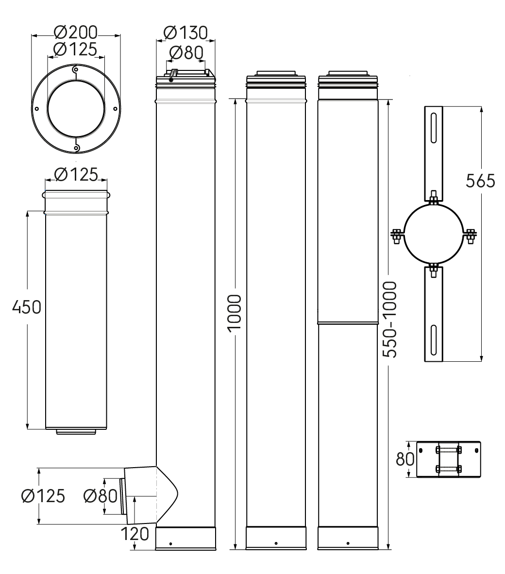 Schéma technique - Kit 3CEp d'étage D80/130mm PPtl/acier haut.3100mm pour 1 appareil