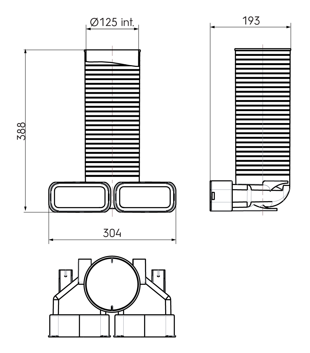 Dimensional drawing – 2x AE55SC Valve Adaptor 125mm 90°