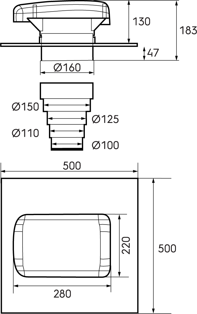 Schéma - Sortie de toit VMC Ubiflu 2 universel avec multidiam