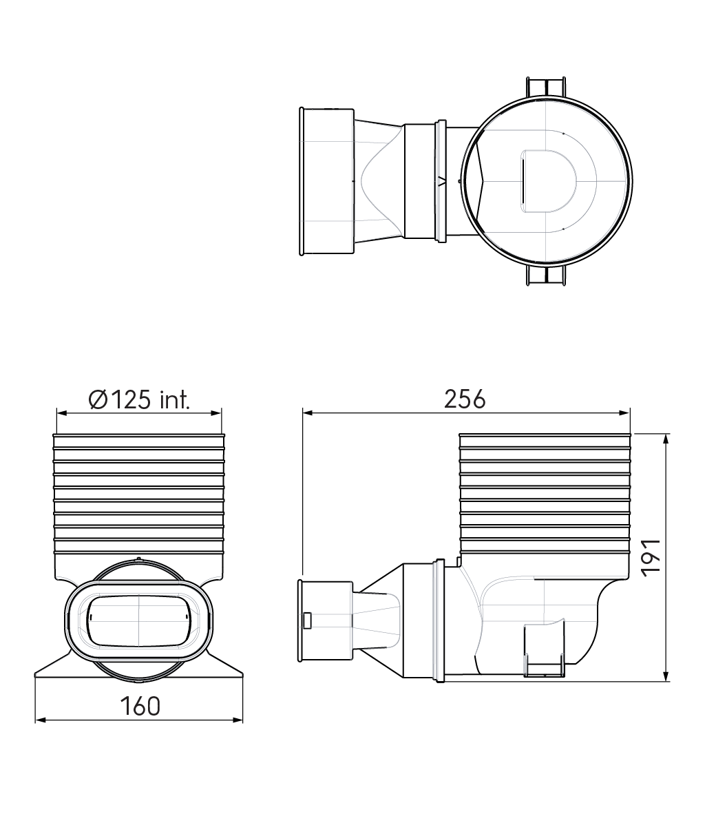Dimensional drawing – 1x AE35SC Valve Adaptor 125mm 90°
