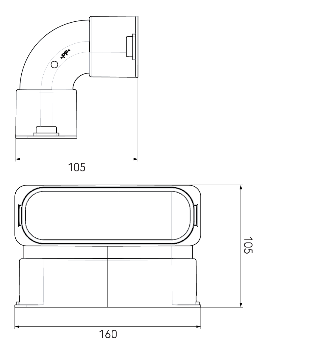 Dimensional drawing – AE45SC Vertical Bend 90°