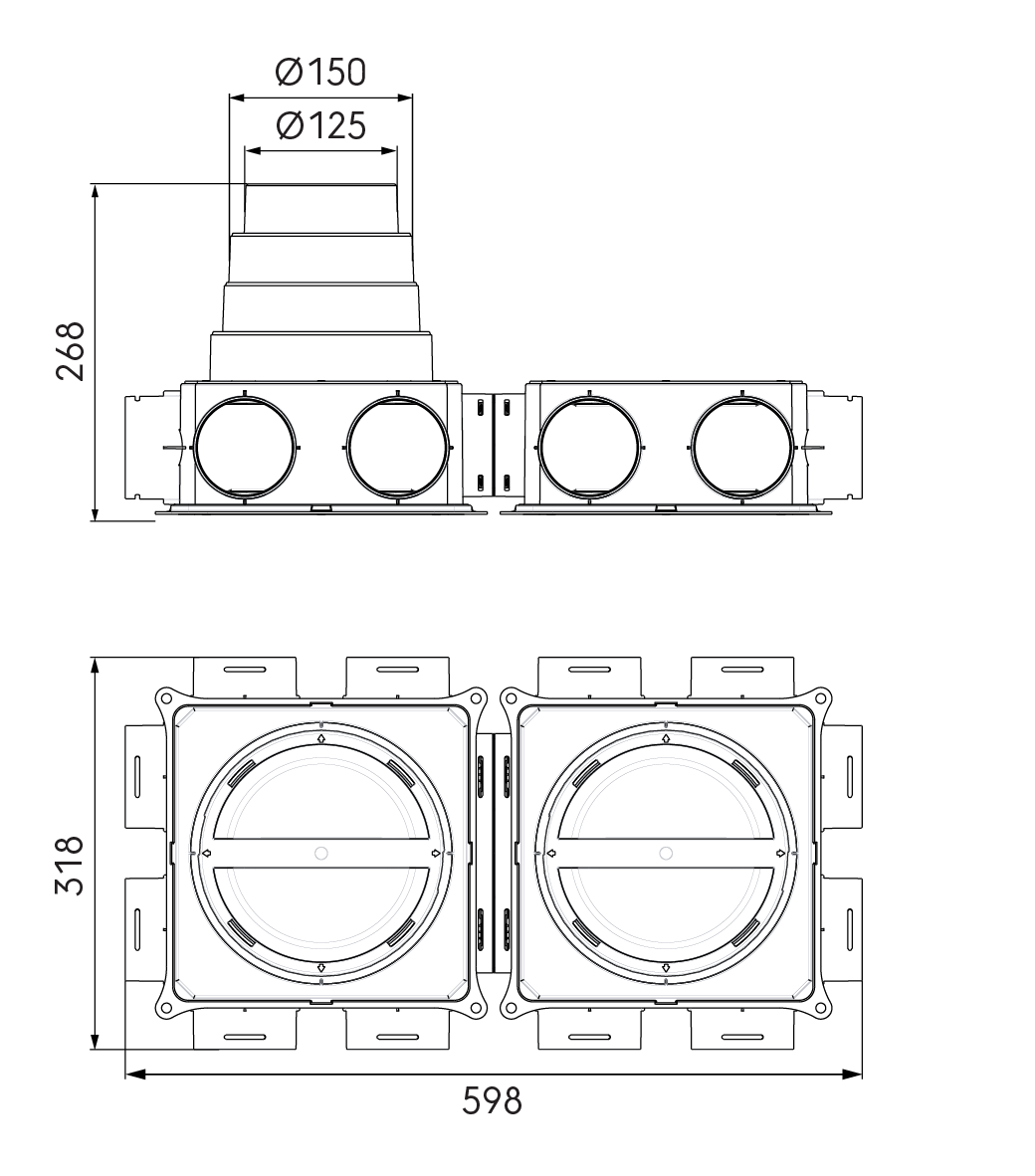 Dimensional drawing – DBOX 212 horizontal extended, with stepped mass flow adaptor 125–180 mm