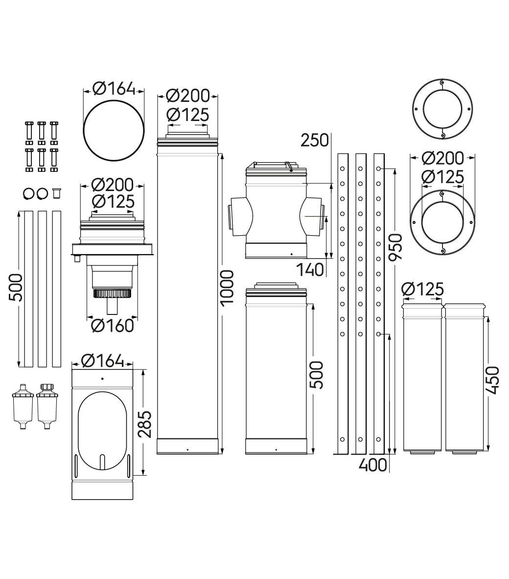 Schéma technique - Kit départ 3CET concentrique D125/200mm 2 Appareils à 180° avec support trépied