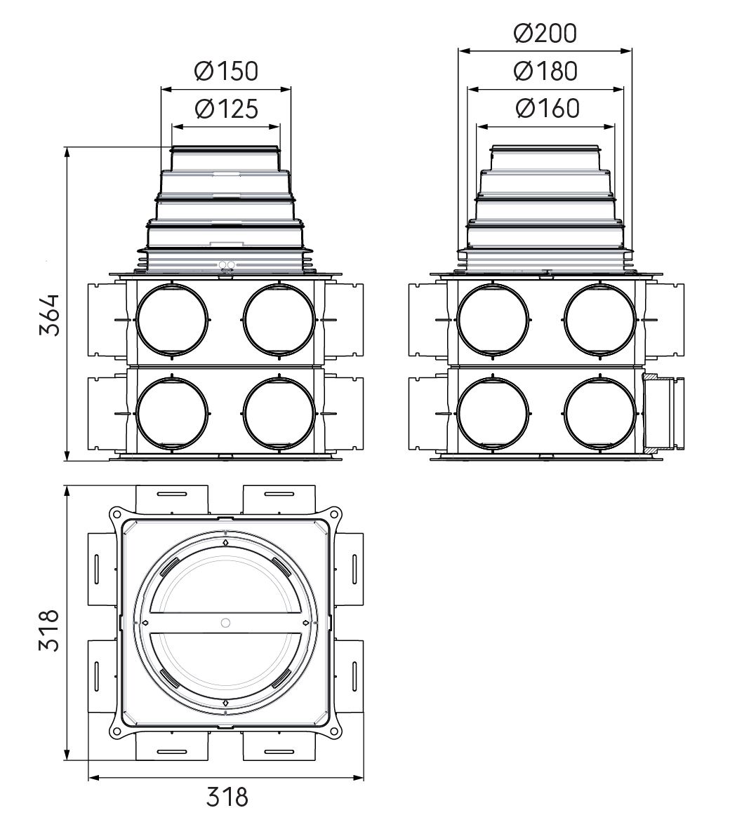 Dimensional drawing – DBOX 216 vertical extended, with stepped mass flow adaptor 125–200 mm