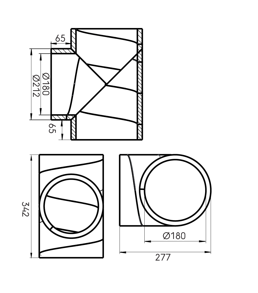 Dimensional Drawing - Aerfoam T-piece  180mm