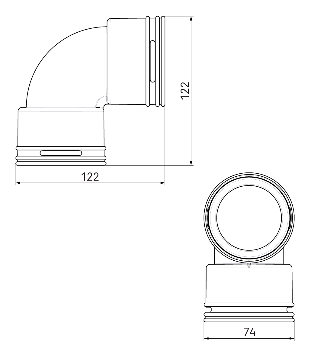 Dimensional drawing – AE23C Bend 90°