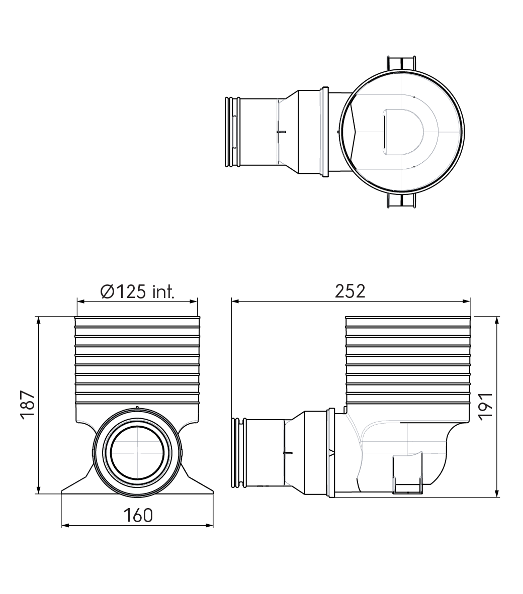 Dimensional drawing – 1x AE23C Valve Adaptor 125mm 90°