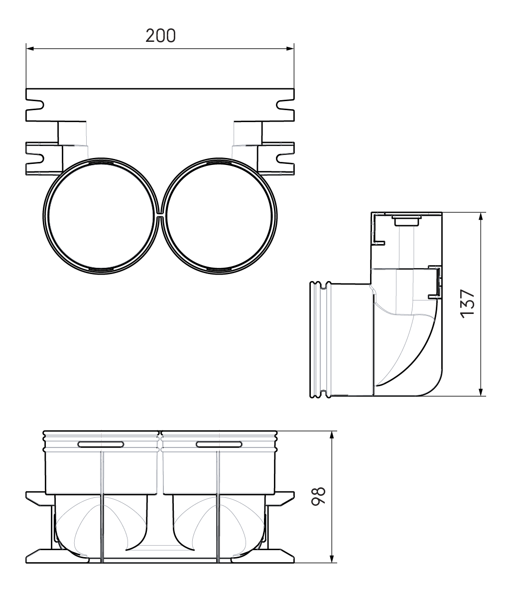 Dimensional drawing – AE45SC Adapting Bend 2x AE34C 90°