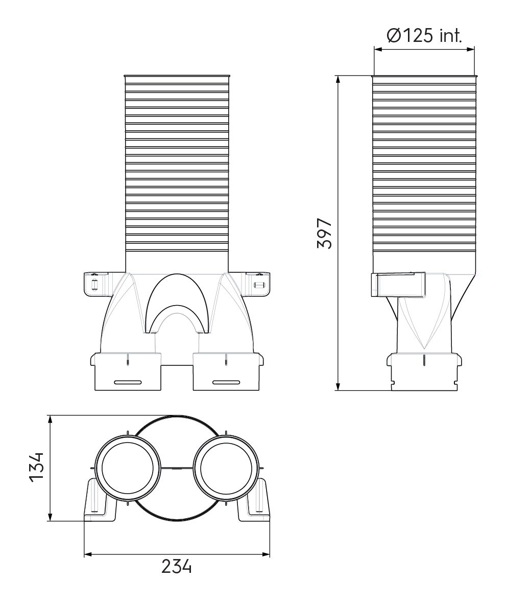 Dimensional drawing – 2x AE34C Valve Adaptor 125mm 180°