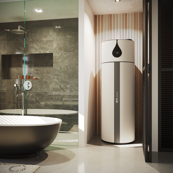 Caelio DHW HP enamelled steel white in bathroom
