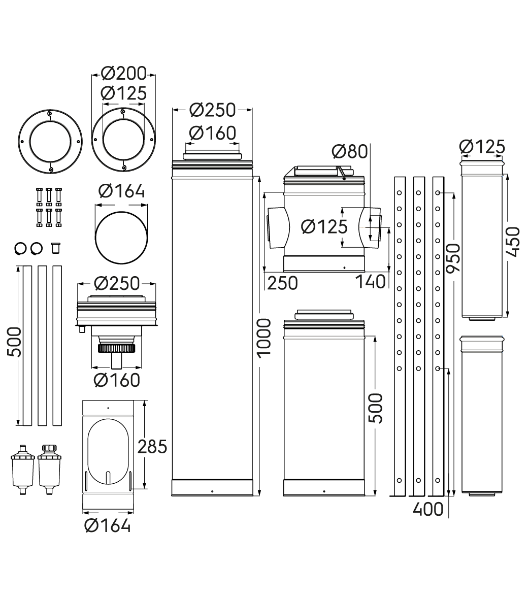 Schéma technique - Kit départ 3CET concentrique D160/250mm 2 Appareils à 180° avec support trépied