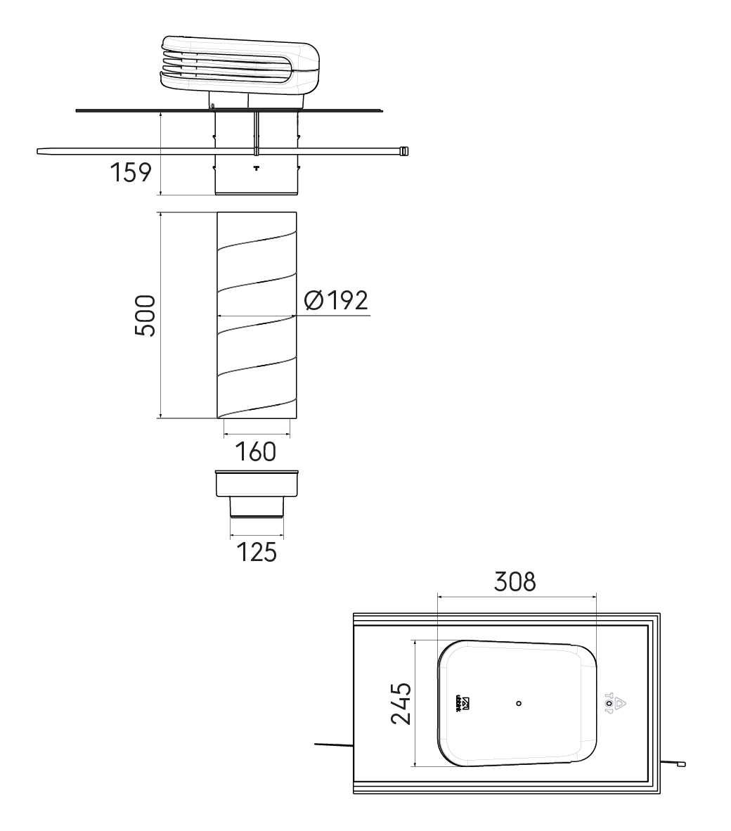 Dimensional drawing - Valetis Roof Terminal Insulated 160/125 Pitched Roof Grey