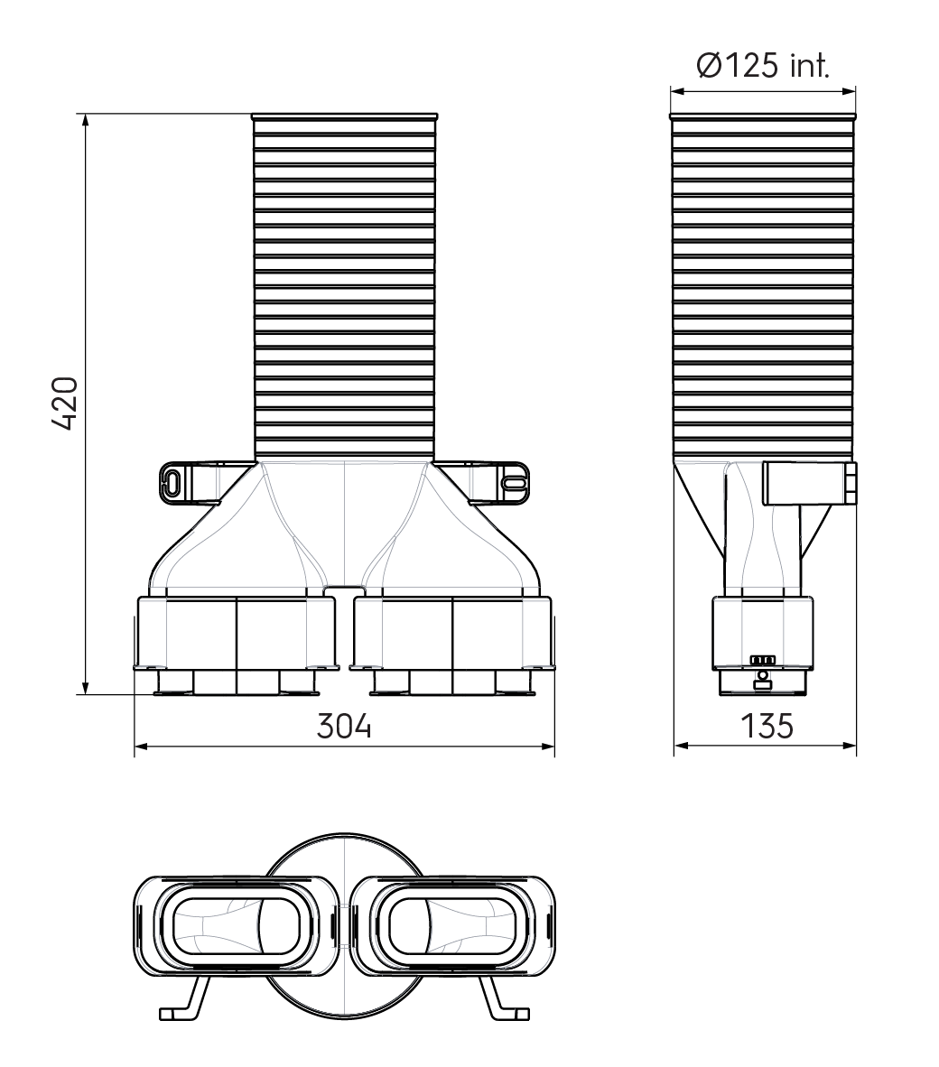 Dimensional drawing – 2x AE35SC Valve Adaptor 125mm 180°