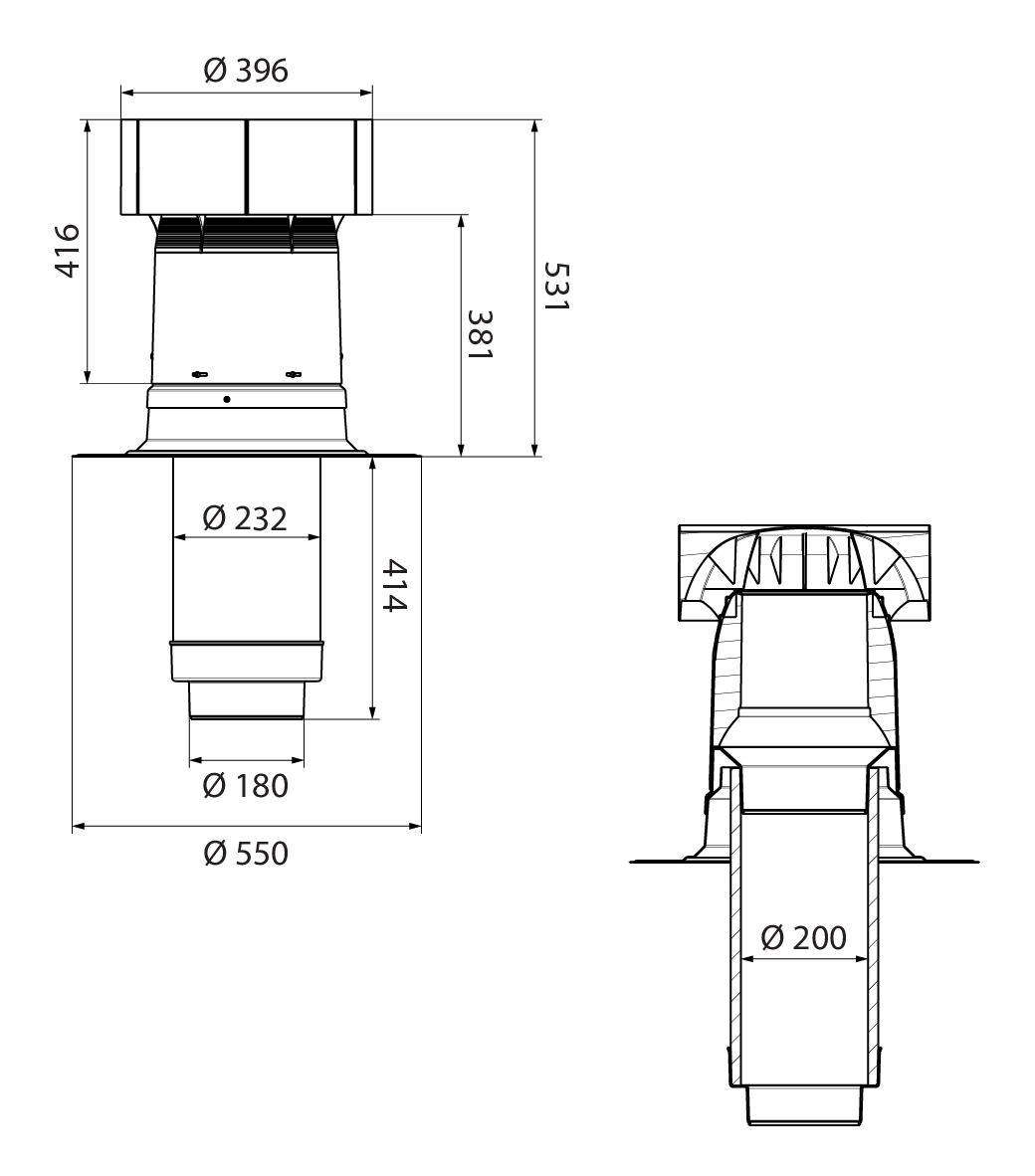 Dimensional drawing - Ventus Roof Terminal 200-180 Flat Roof
