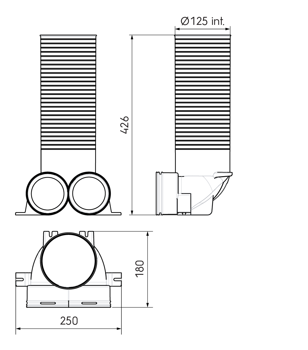 Dimensional drawing – 2x AE48C Valve Adaptor 125mm 90°