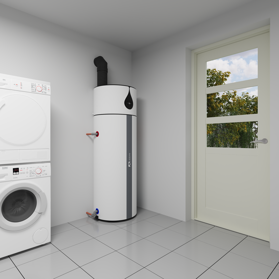 Caelio DHW HP enamelled steel white in laundry room